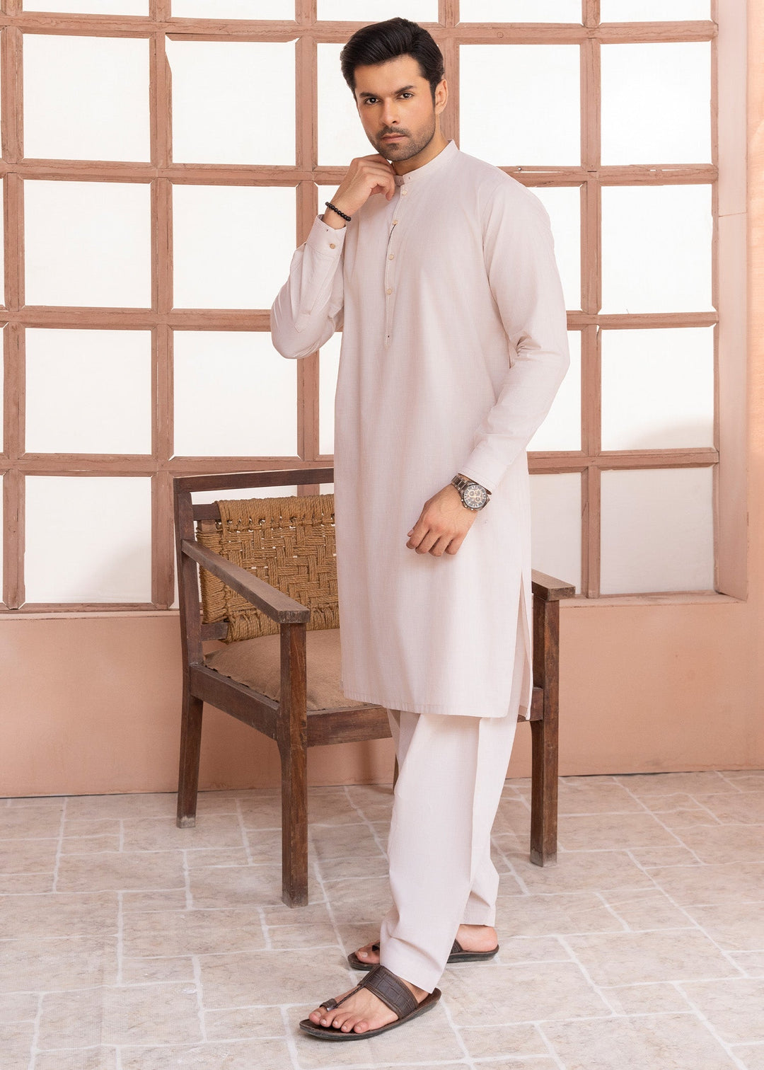 Riwayat by Buraq Mens RTW Solids Cotton 2 Piece Suit Ivory Casual Collection
