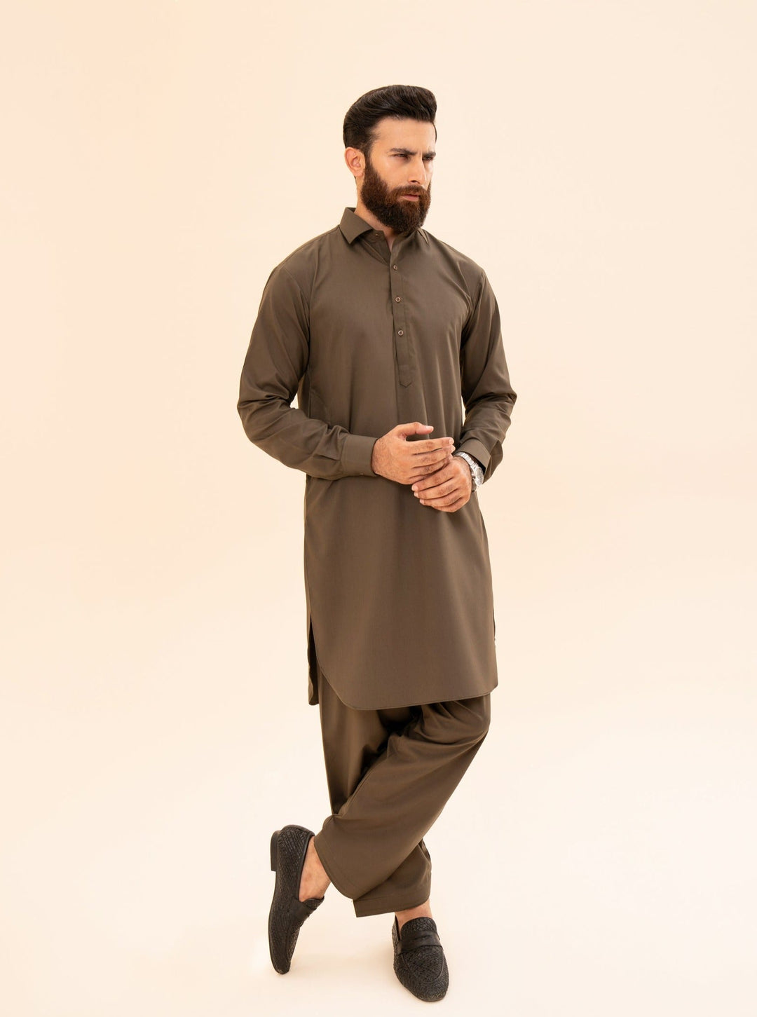 Muraqsh Ready To Wear Solids Cotton Men Olive Green French Collar Kameez Shalwar MUR-OGFCK - Summer Collection