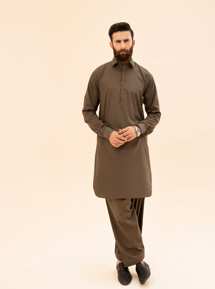 Muraqsh Ready To Wear Solids Cotton Men Olive Green French Collar Kameez Shalwar MUR-OGFCK - Summer Collection