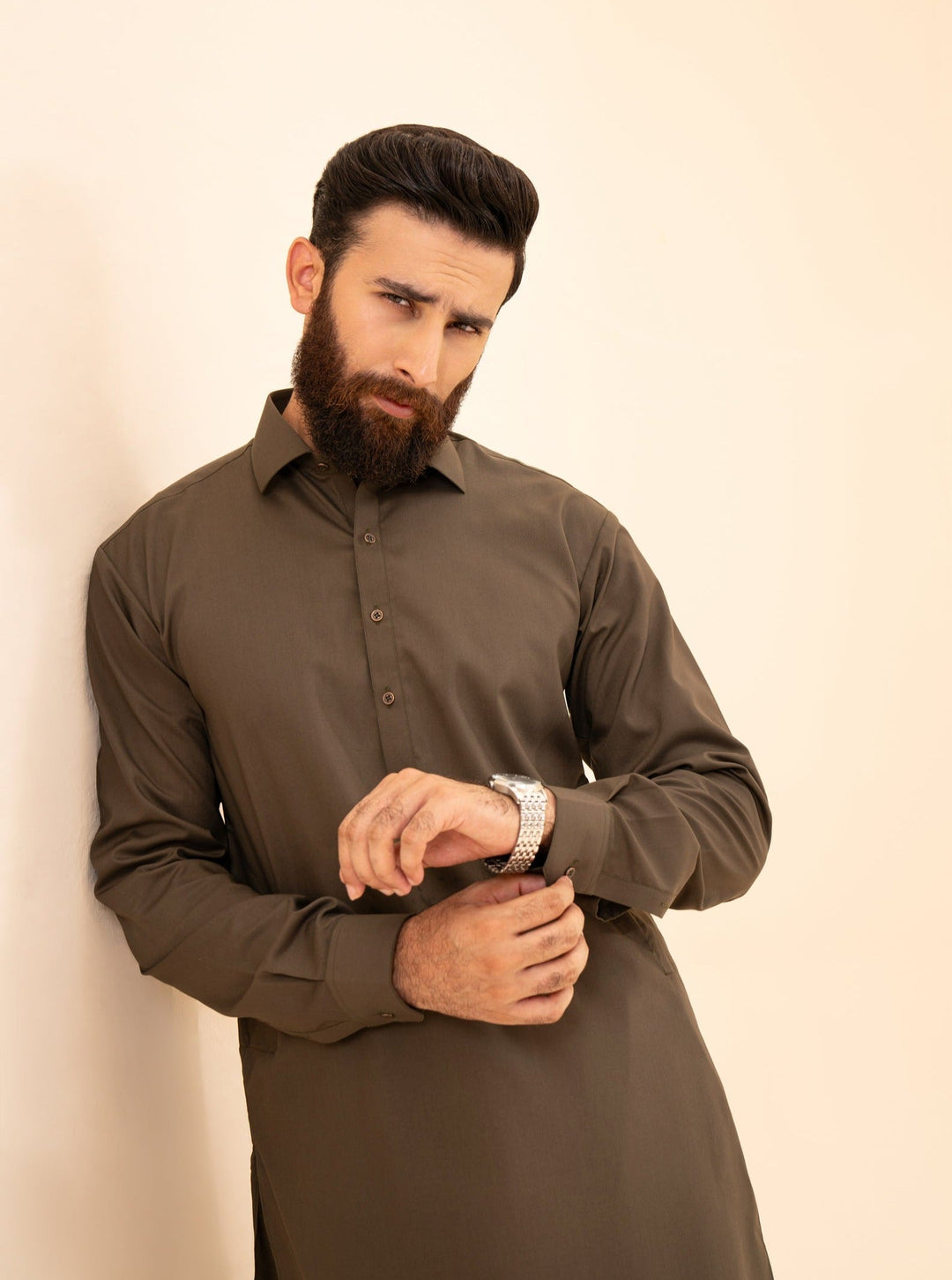Muraqsh Ready To Wear Solids Cotton Men Olive Green French Collar Kameez Shalwar MUR-OGFCK - Summer Collection