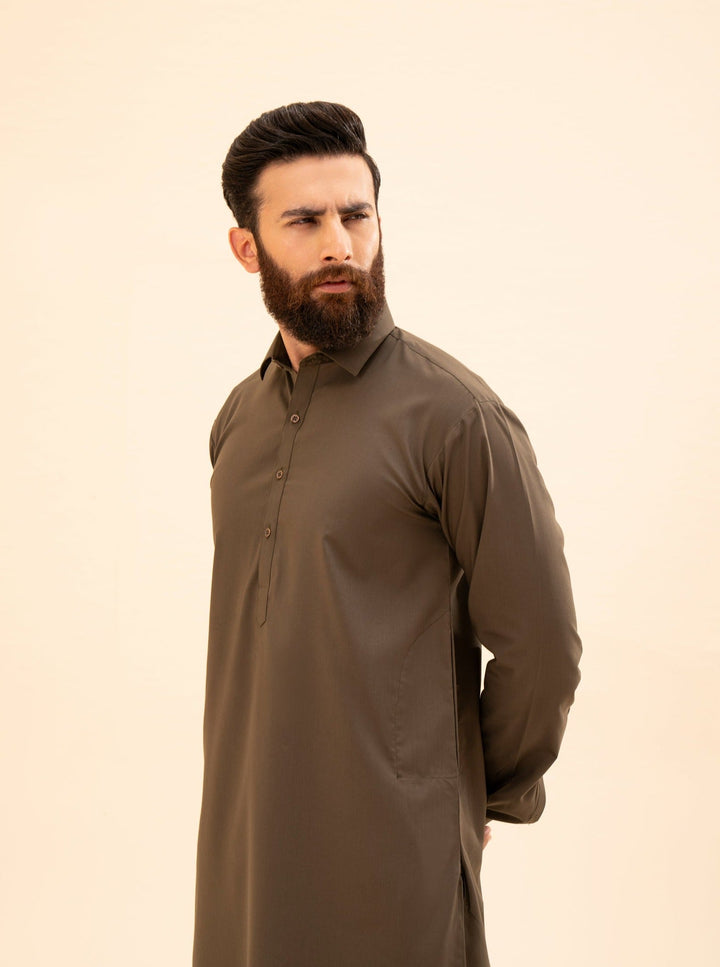 Muraqsh Ready To Wear Solids Cotton Men Olive Green French Collar Kameez Shalwar MUR-OGFCK - Summer Collection