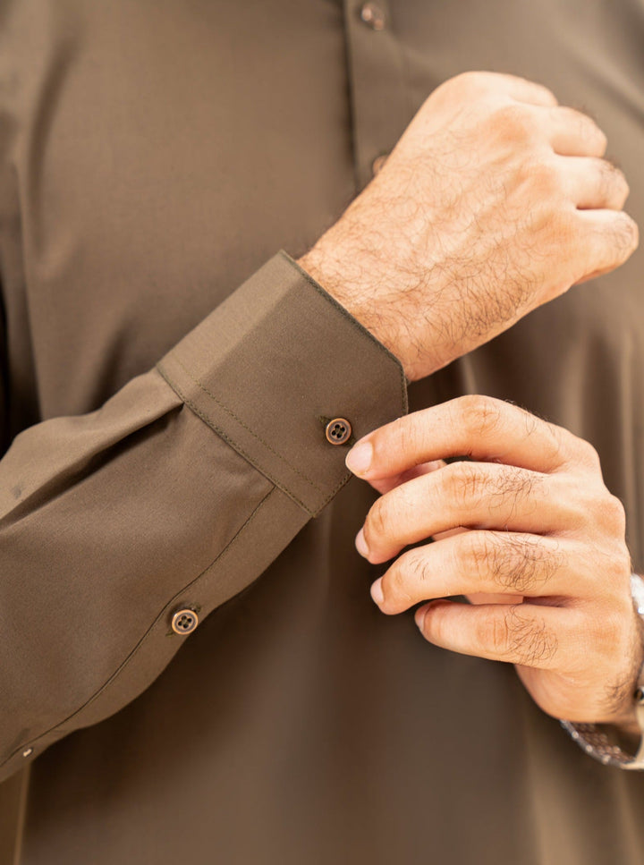 Muraqsh Ready To Wear Solids Cotton Men Olive Green French Collar Kameez Shalwar MUR-OGFCK - Summer Collection