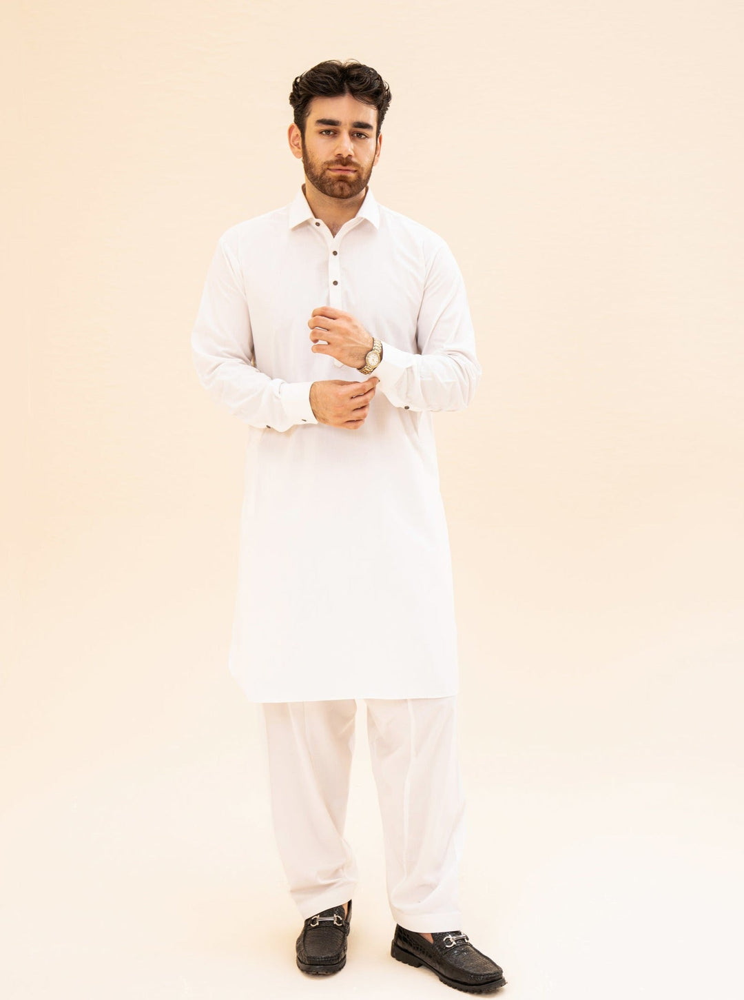 Muraqsh Ready To Wear Solids Cotton Men Off White French Collar Kameez Shalwar MUR-OWFCK - Summer Collection