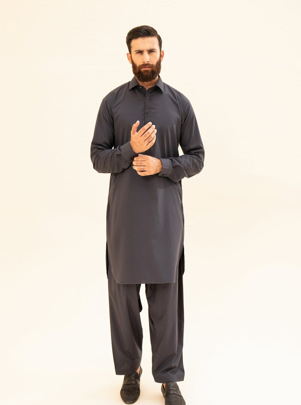 Muraqsh Ready To Wear Solids Cotton Men Charcoal Grey French Collar Kameez Shalwar MUR-CGFCK - Summer Collection
