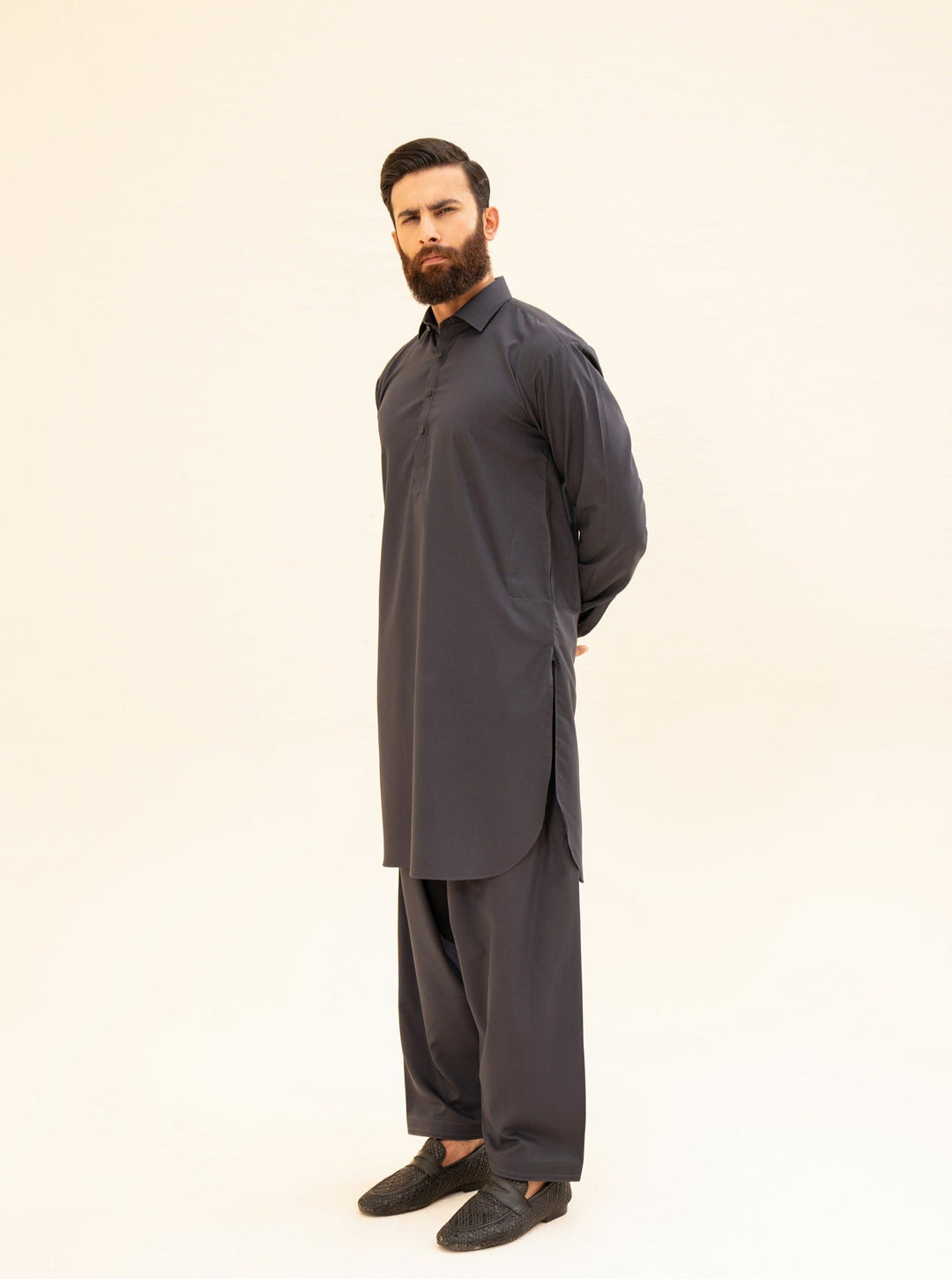 Muraqsh Ready To Wear Solids Cotton Men Charcoal Grey French Collar Kameez Shalwar MUR-CGFCK - Summer Collection