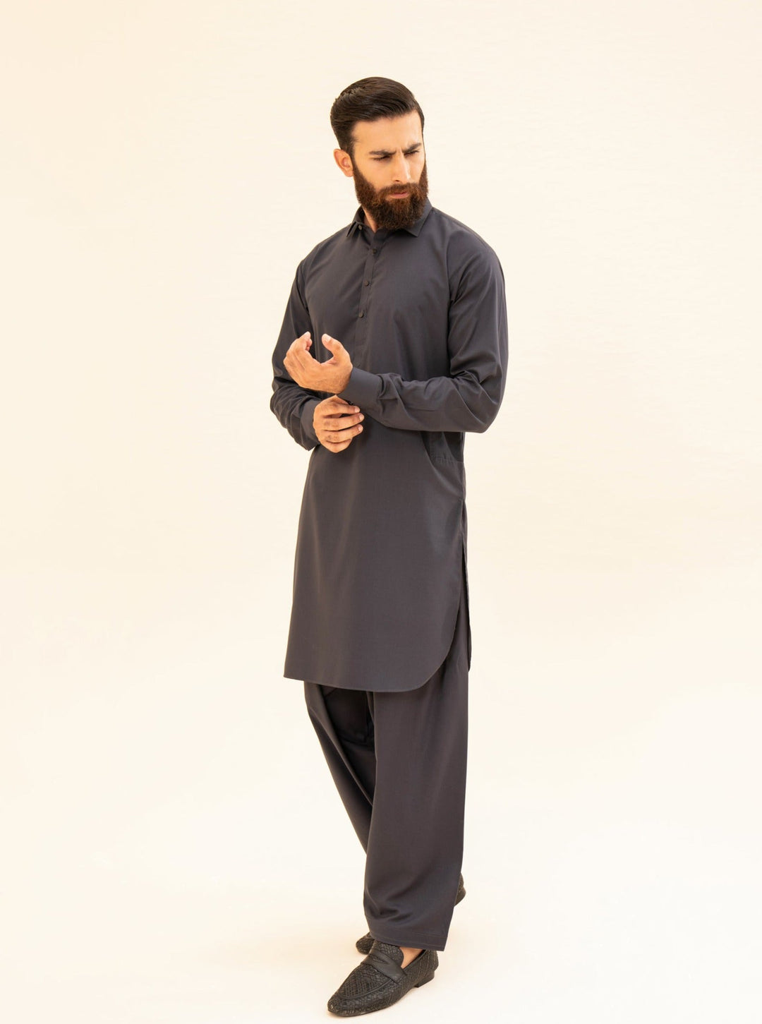 Muraqsh Ready To Wear Solids Cotton Men Charcoal Grey French Collar Kameez Shalwar MUR-CGFCK - Summer Collection