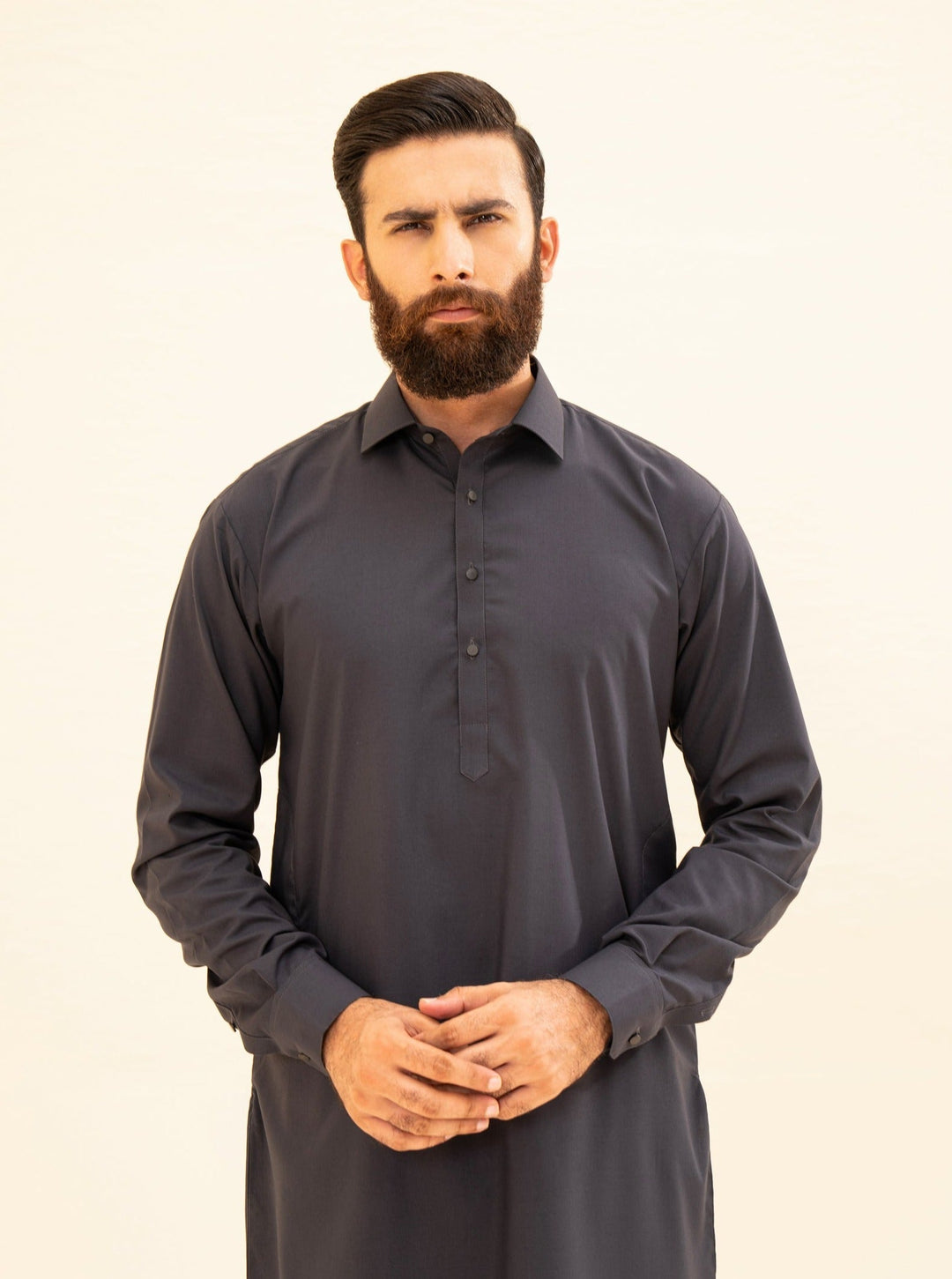 Muraqsh Ready To Wear Solids Cotton Men Charcoal Grey French Collar Kameez Shalwar MUR-CGFCK - Summer Collection