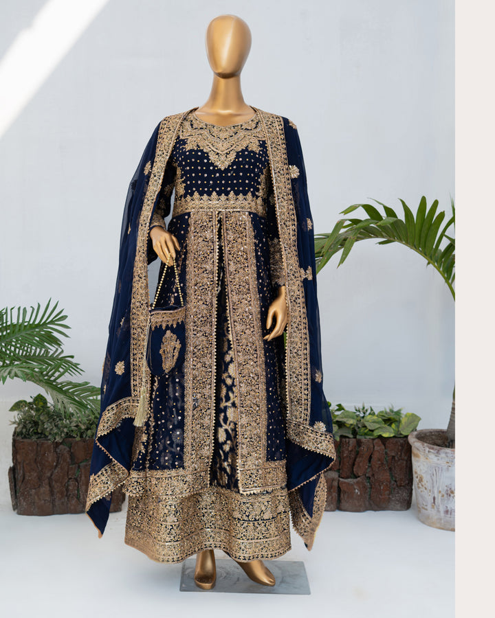 Andaaz by Saira Sultana Women RTW Embroidered Chiffon 4 Piece Suit Muneeha Navy Blue - Wedding Collection
