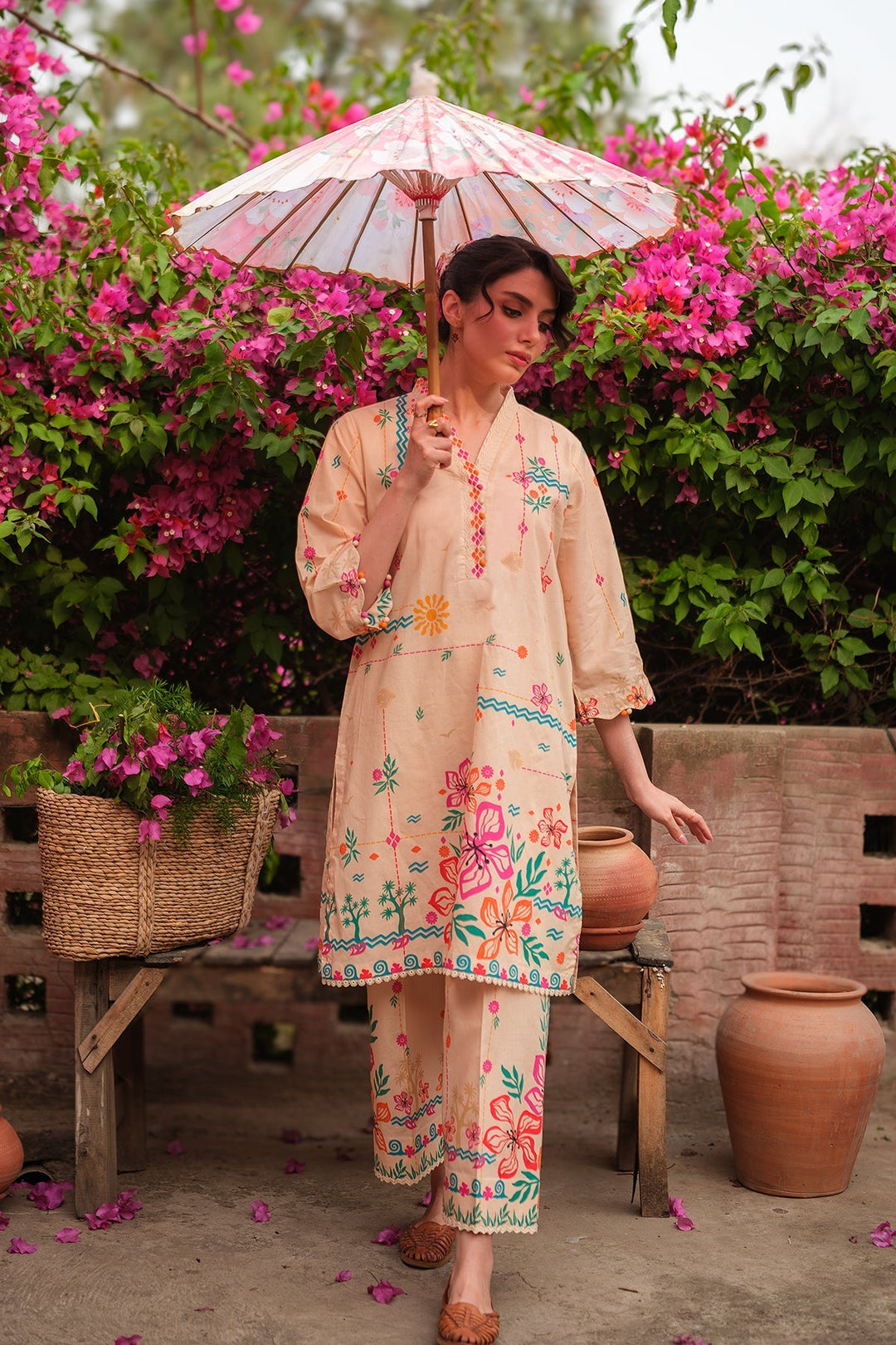 Print Muse by Sahar Women RTW Printed Cambric 2 Piece Suit Peach Garden - Casual Collection