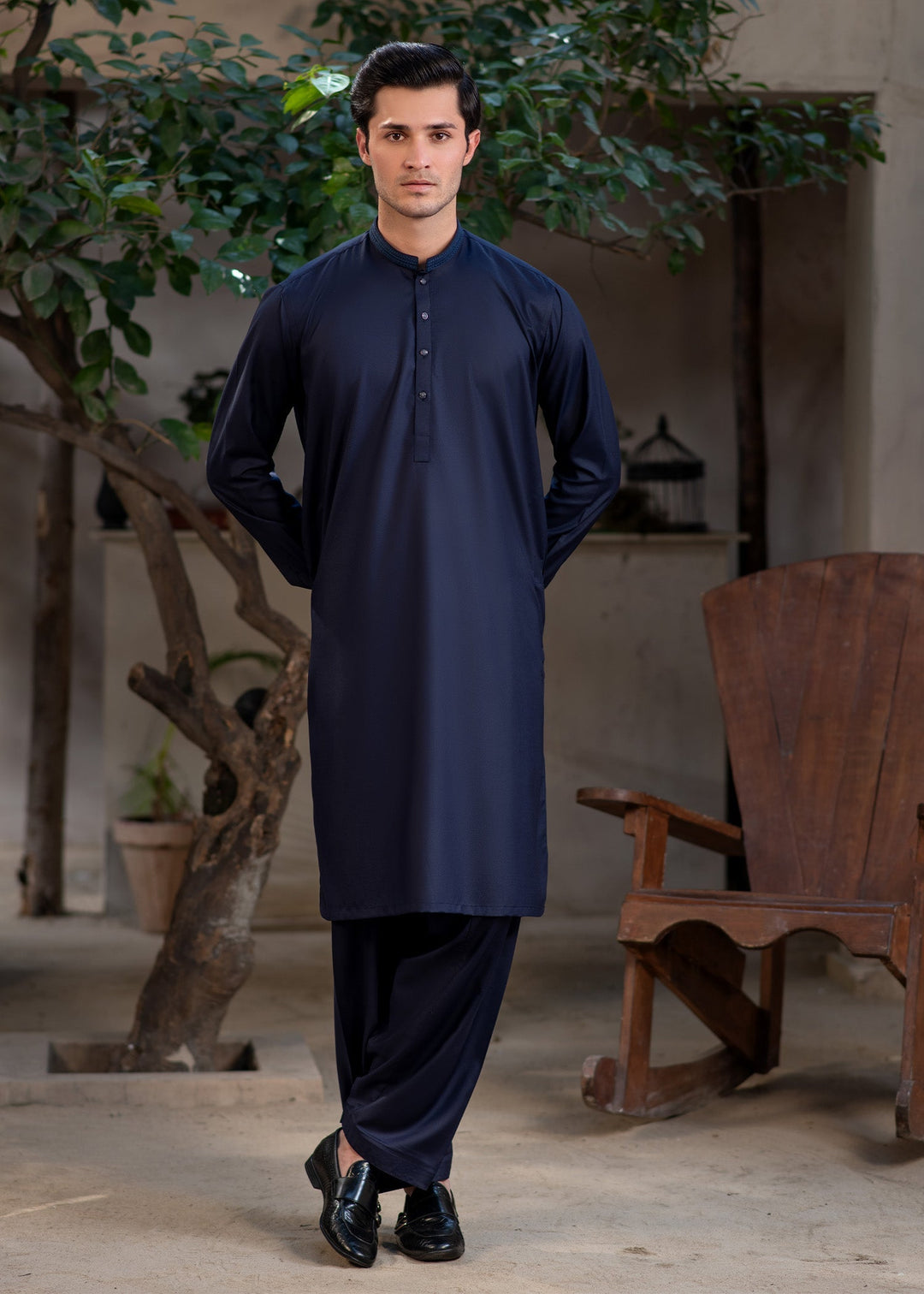 Rumi by Buraq Mens RTW Embroidered Boski 2 Piece Suit Navy Blue Casual Collection