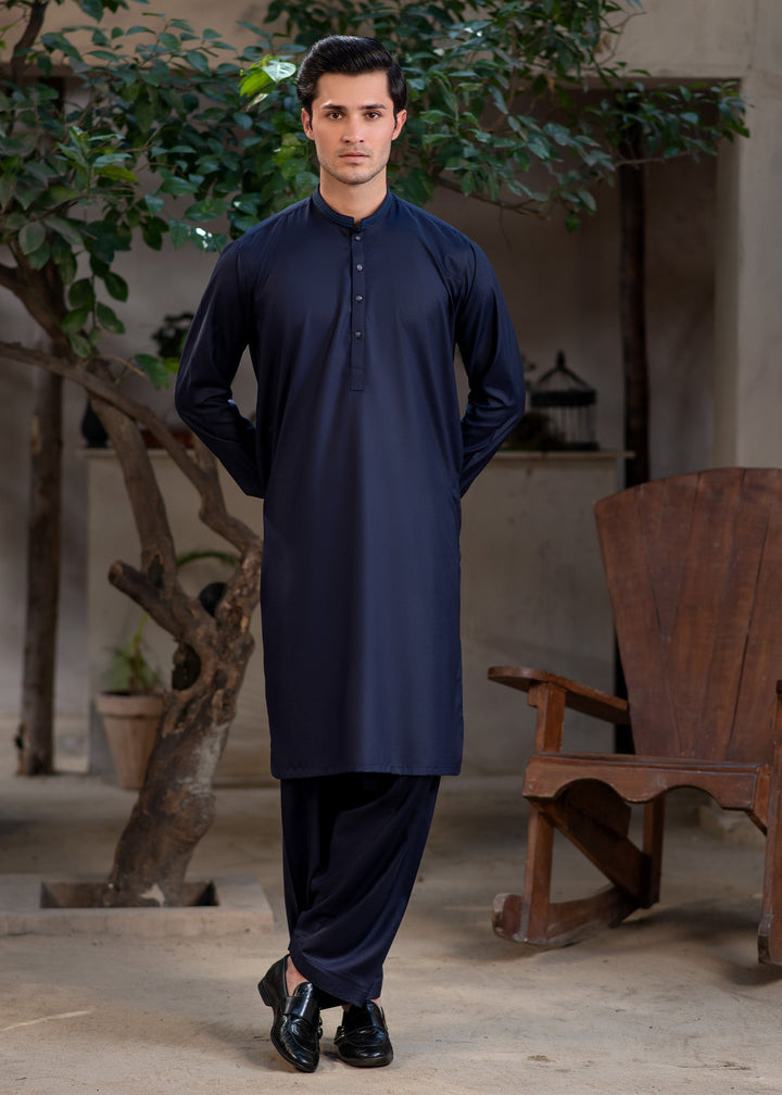 Rumi by Buraq Mens RTW Embroidered Boski 2 Piece Suit Navy Blue Casual Collection