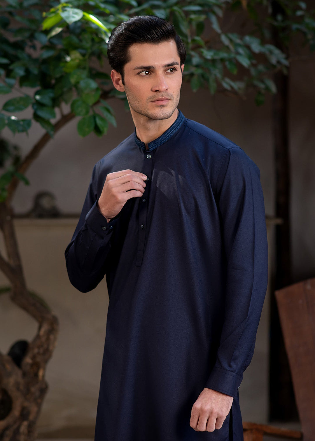 Rumi by Buraq Mens RTW Embroidered Boski 2 Piece Suit Navy Blue Casual Collection