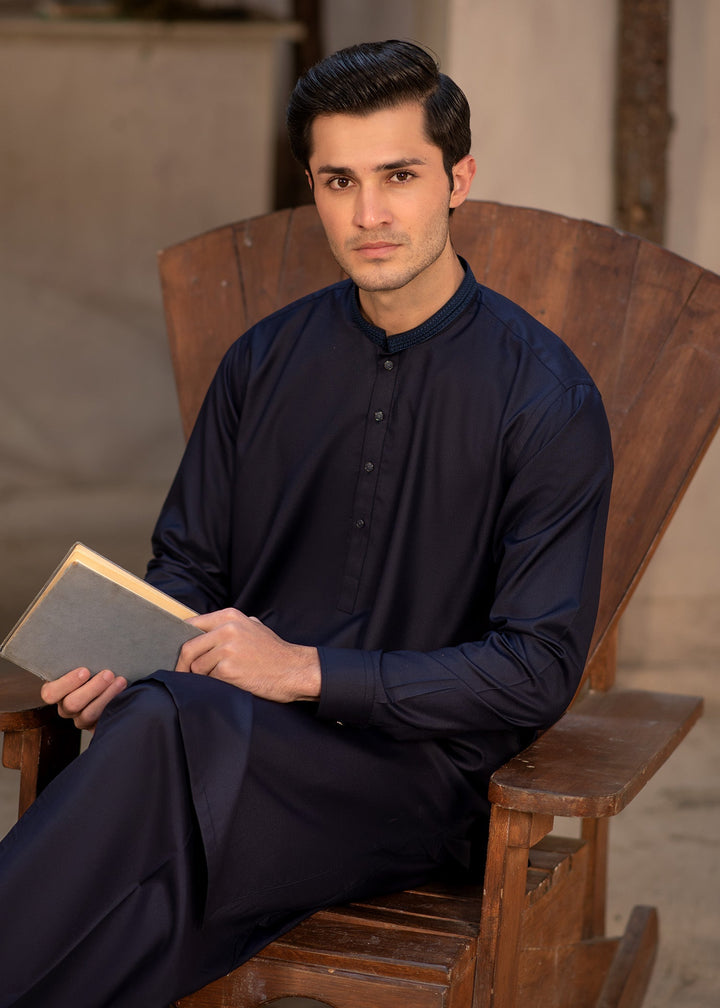 Rumi by Buraq Mens RTW Embroidered Boski 2 Piece Suit Navy Blue Casual Collection