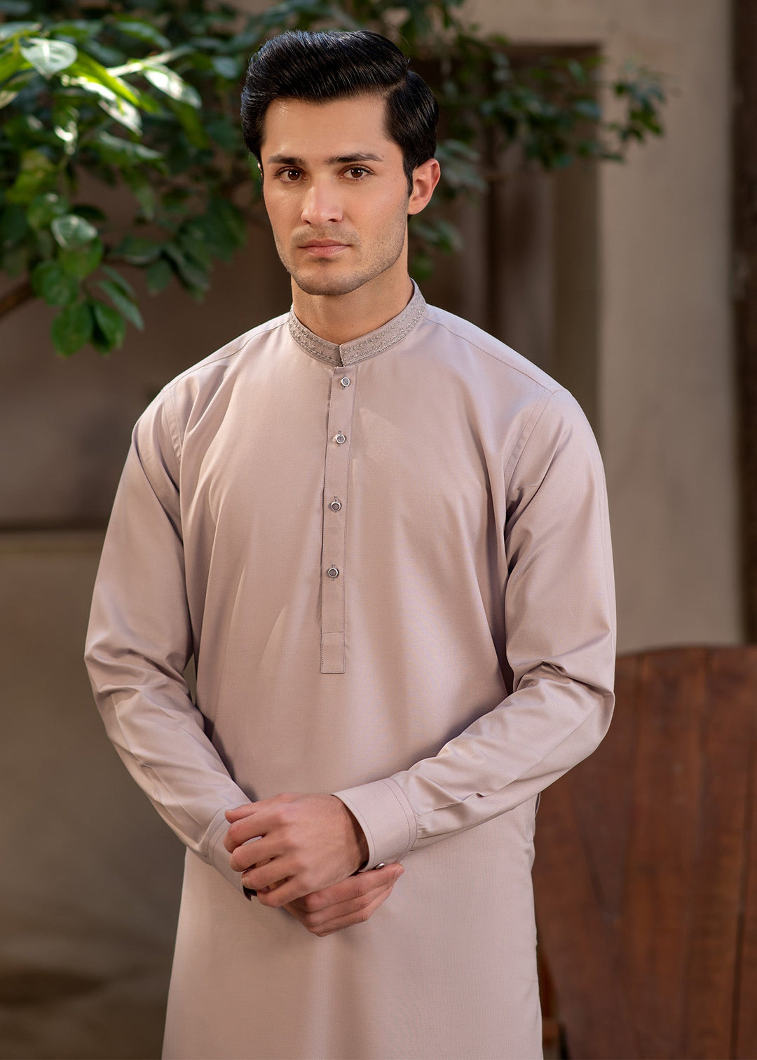 Rumi by Buraq Mens RTW Embroidered Boski 2 Piece Suit Pinkish Brown Casual Collection