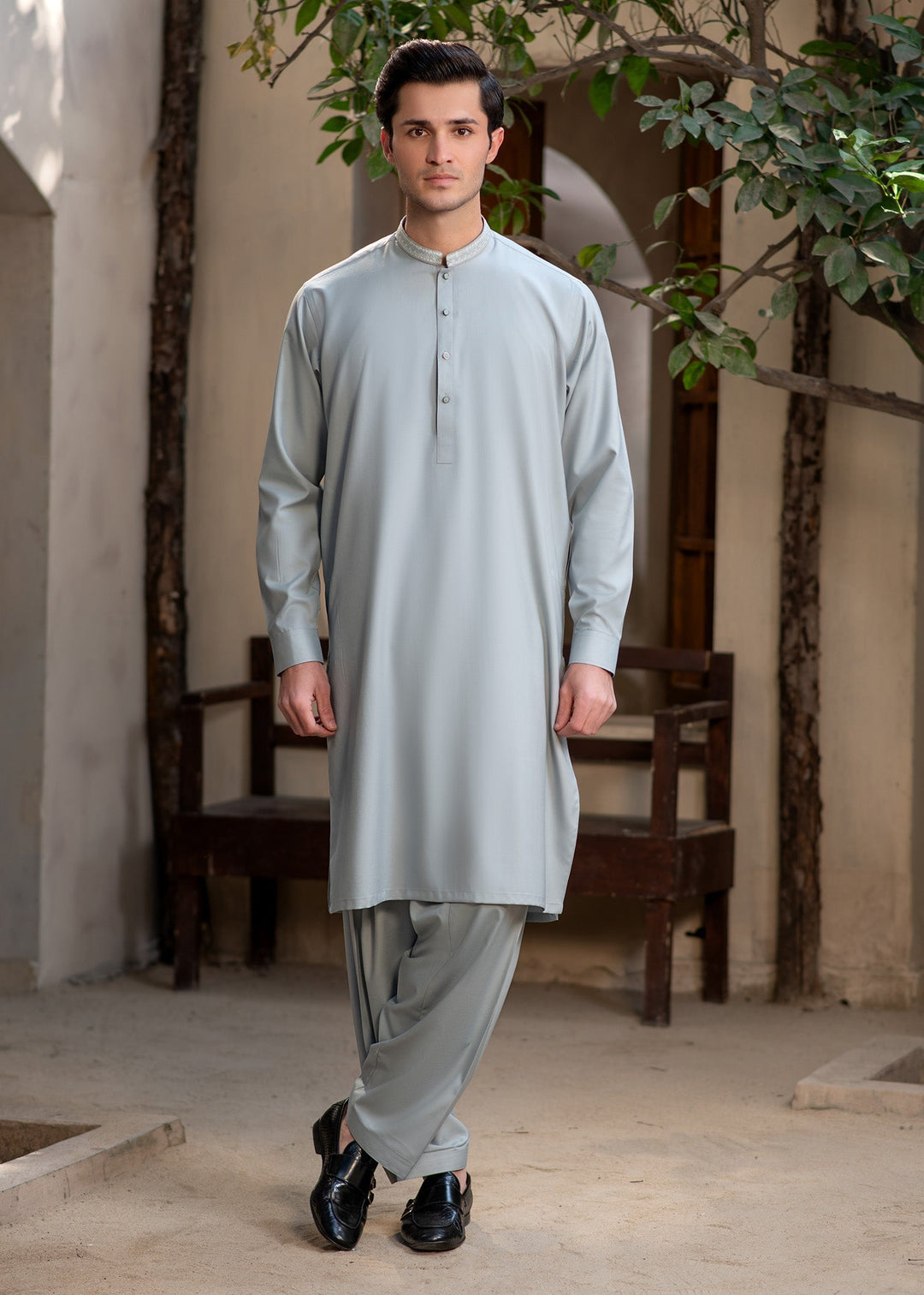 Rumi by Buraq Mens RTW Embroidered Boski 2 Piece Suit Dusty Green Casual Collection