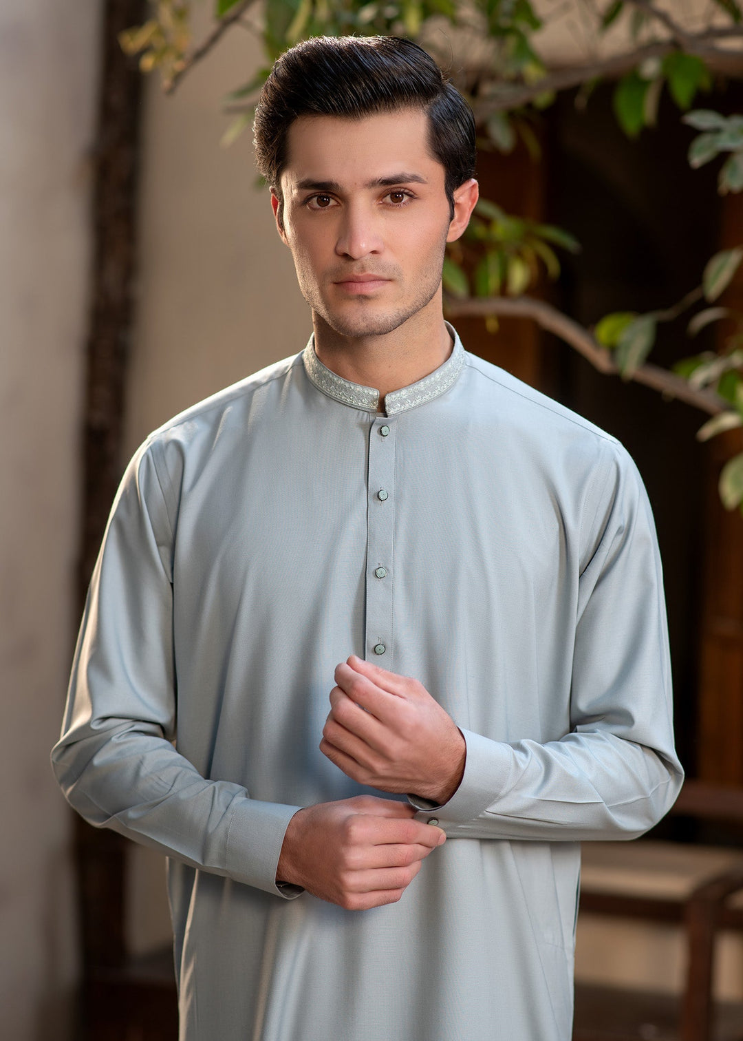 Rumi by Buraq Mens RTW Embroidered Boski 2 Piece Suit Dusty Green Casual Collection
