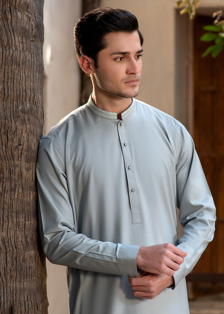 Rumi by Buraq Mens RTW Embroidered Boski 2 Piece Suit Dusty Green Casual Collection