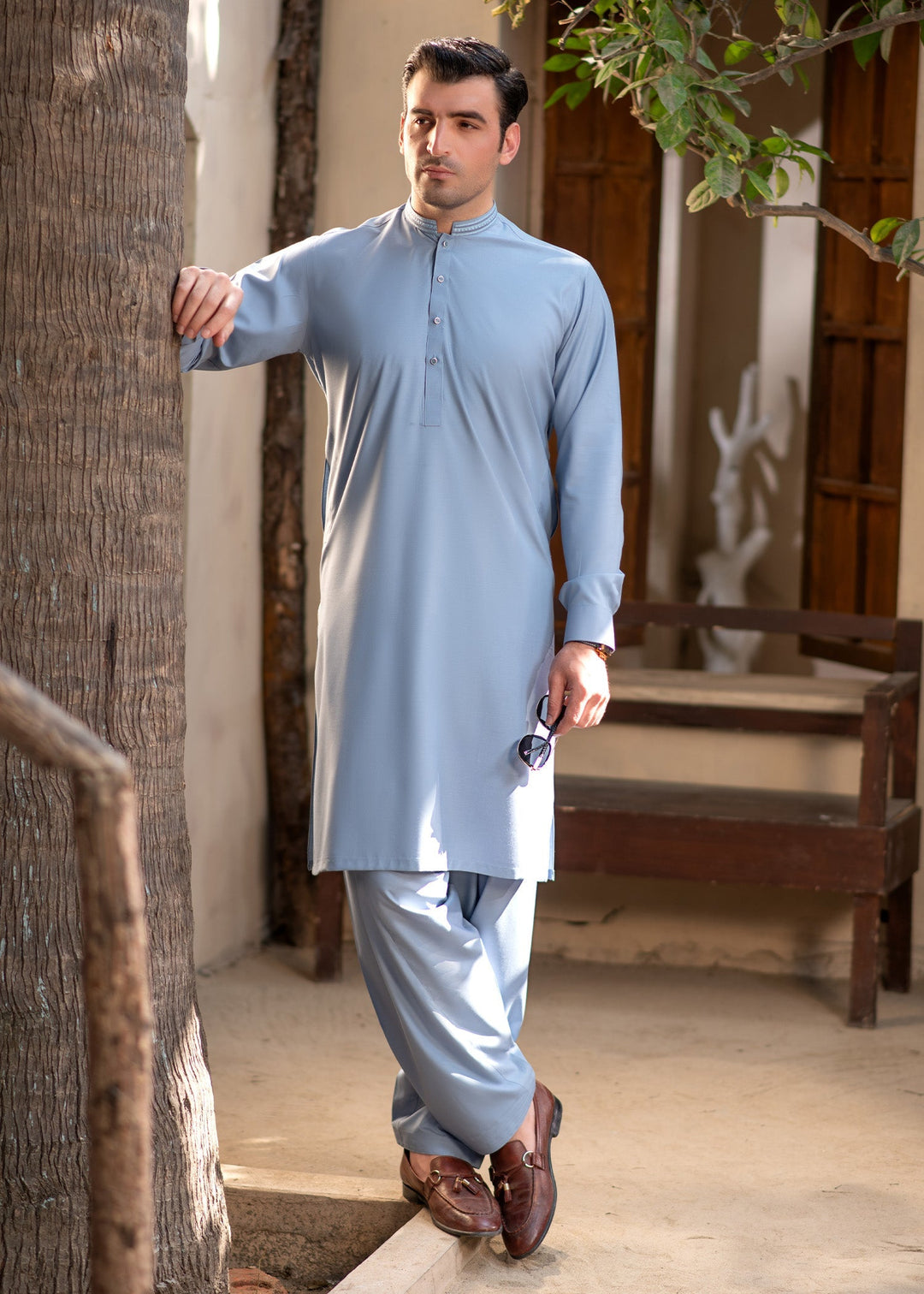 Rumi by Buraq Mens RTW Embroidered Boski 2 Piece Suit Blue Casual Collection