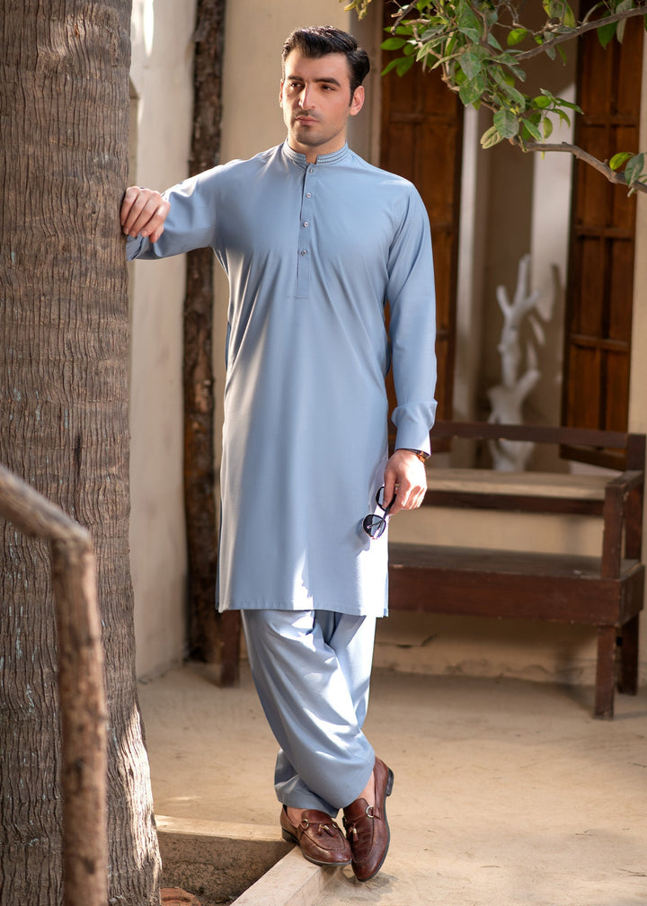 Rumi by Buraq Mens RTW Embroidered Boski 2 Piece Suit Blue Casual Collection