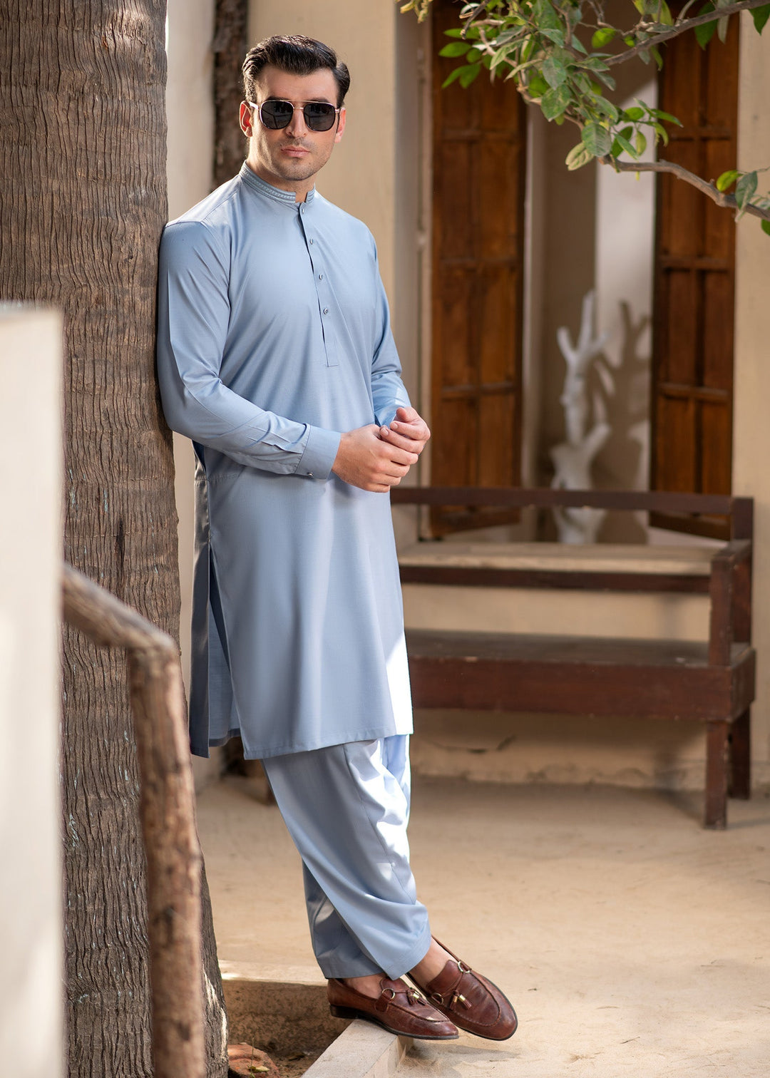 Rumi by Buraq Mens RTW Embroidered Boski 2 Piece Suit Blue Casual Collection