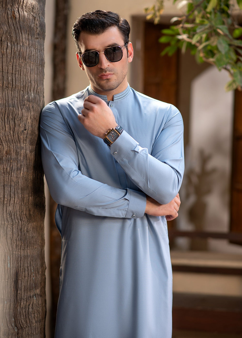 Rumi by Buraq Mens RTW Embroidered Boski 2 Piece Suit Blue Casual Collection