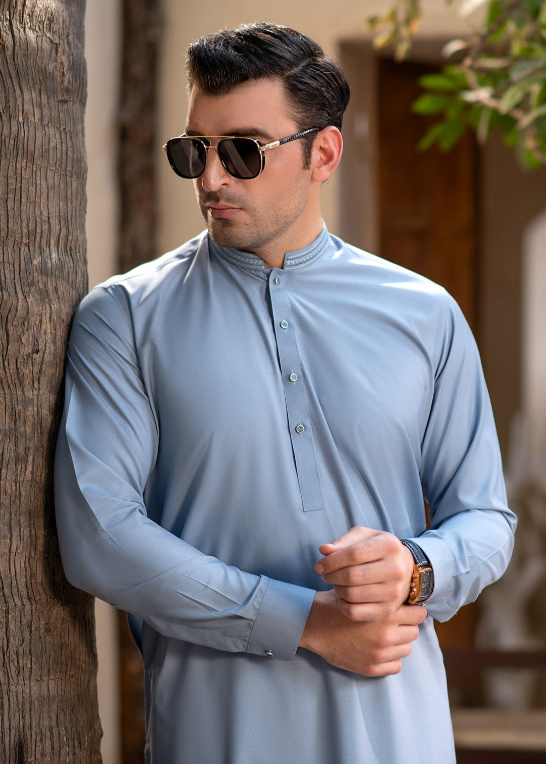Rumi by Buraq Mens RTW Embroidered Boski 2 Piece Suit Blue Casual Collection