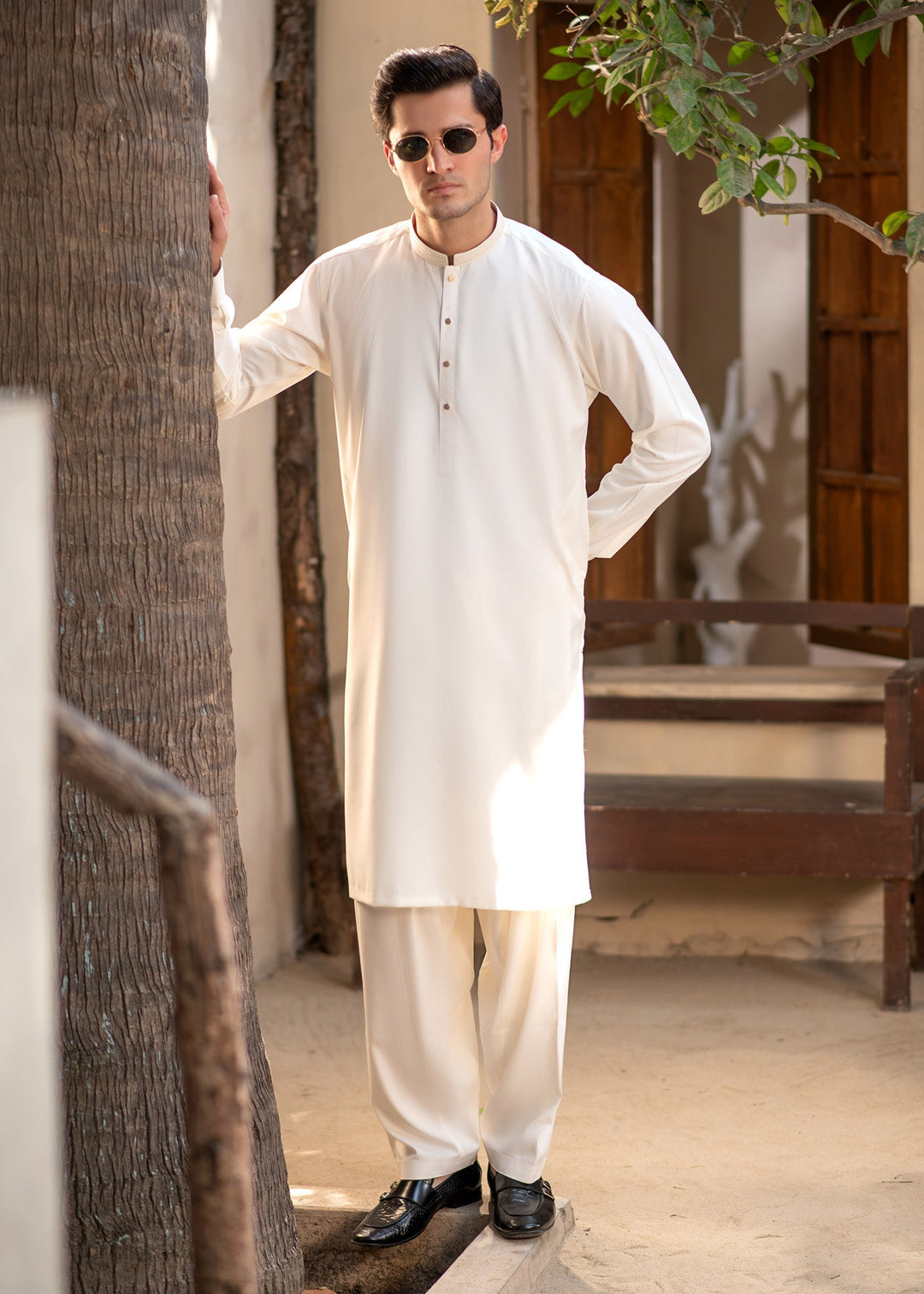 Rumi by Buraq Mens RTW Embroidered Boski 2 Piece Suit White Casual Collection