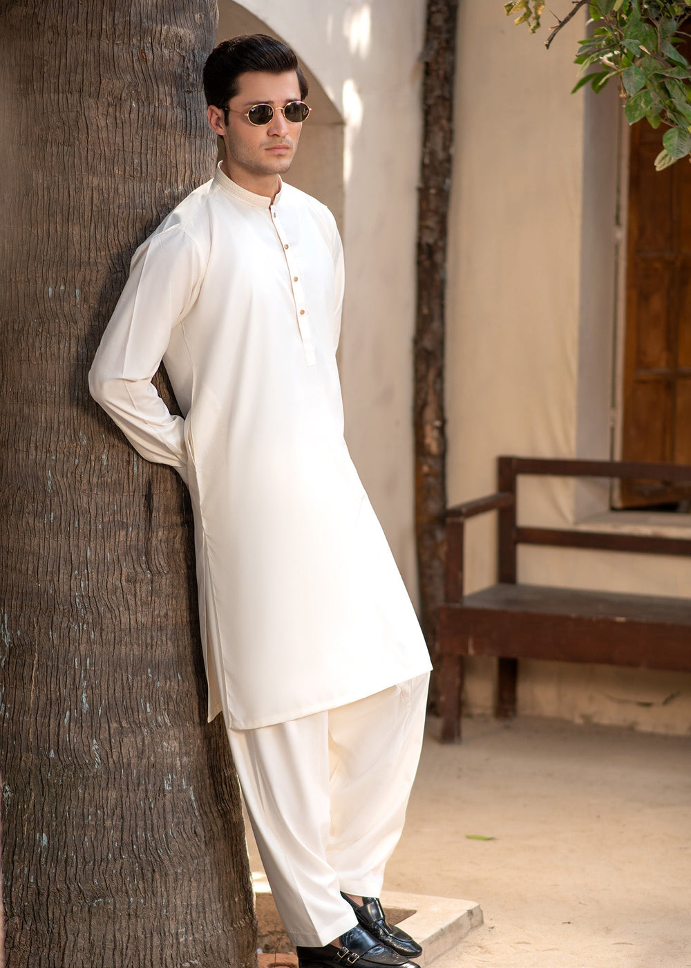 Rumi by Buraq Mens RTW Embroidered Boski 2 Piece Suit White Casual Collection