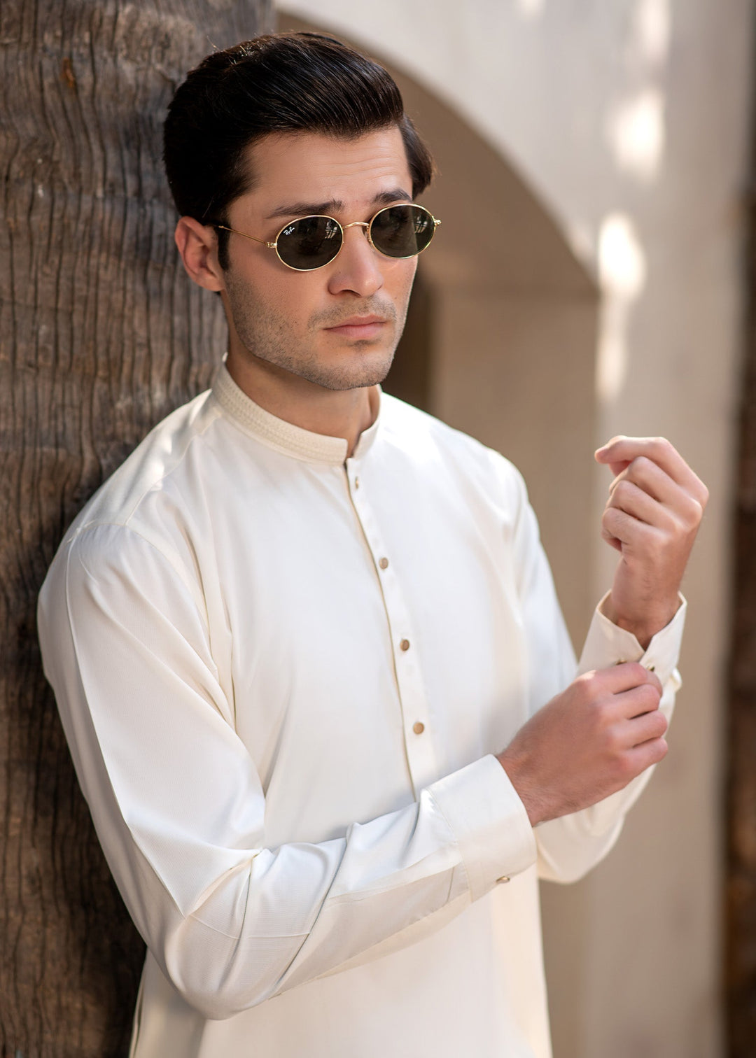 Rumi by Buraq Mens RTW Embroidered Boski 2 Piece Suit White Casual Collection