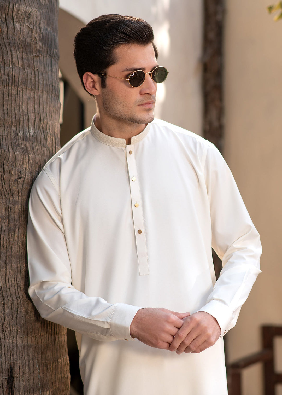 Rumi by Buraq Mens RTW Embroidered Boski 2 Piece Suit White Casual Collection