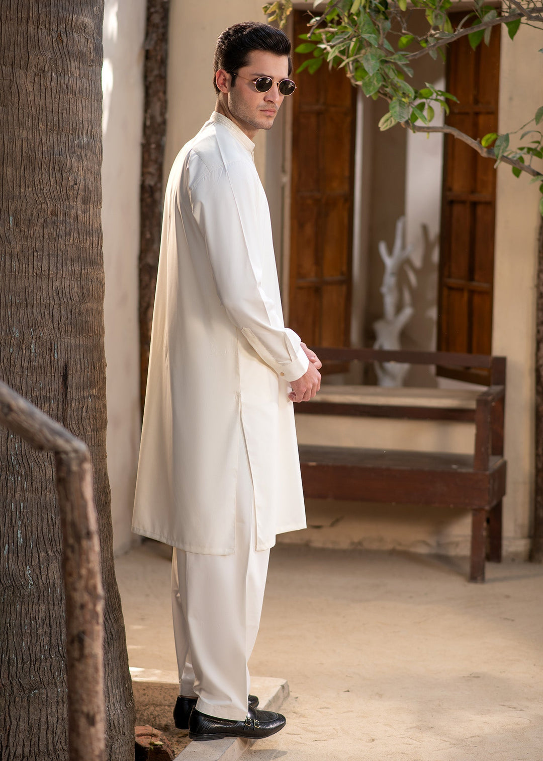 Rumi by Buraq Mens RTW Embroidered Boski 2 Piece Suit White Casual Collection