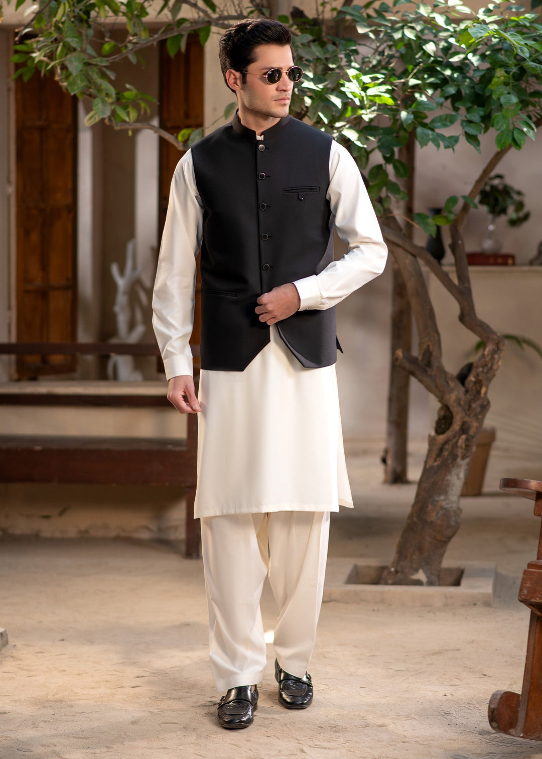 Raahi by Buraq Mens RTW Solids Suiting 1 Piece Suit Black Mandarin style Waistcoat Casual Collection