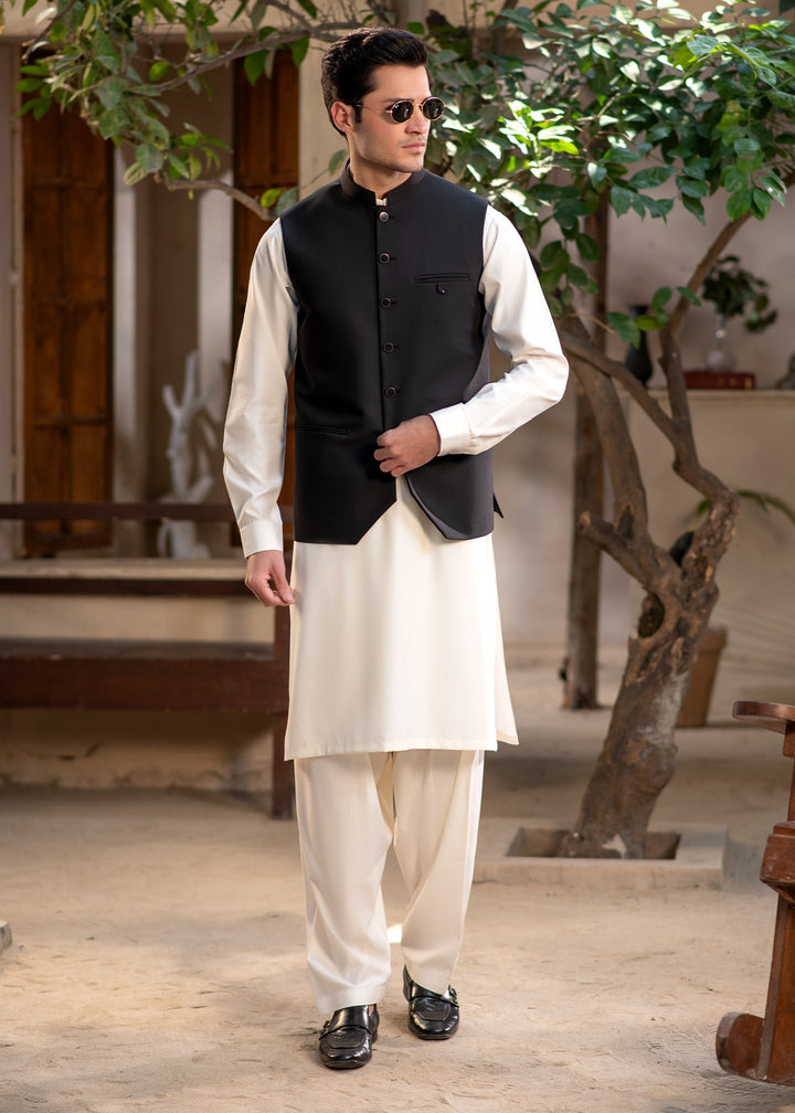 Raahi by Buraq Mens RTW Solids Suiting 1 Piece Suit Black Mandarin style Waistcoat Casual Collection