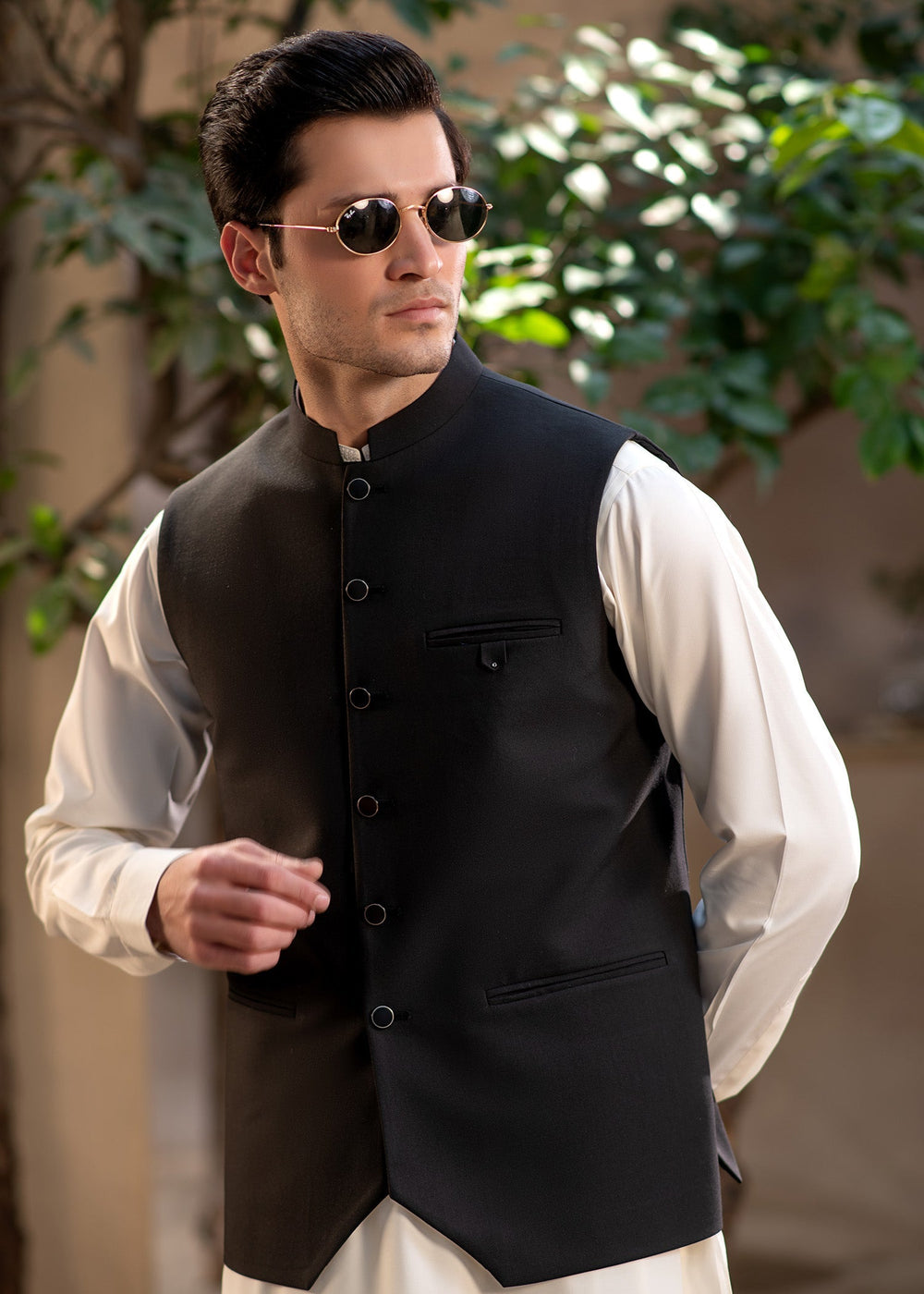 Raahi by Buraq Mens RTW Solids Suiting 1 Piece Suit Black Mandarin style Waistcoat Casual Collection
