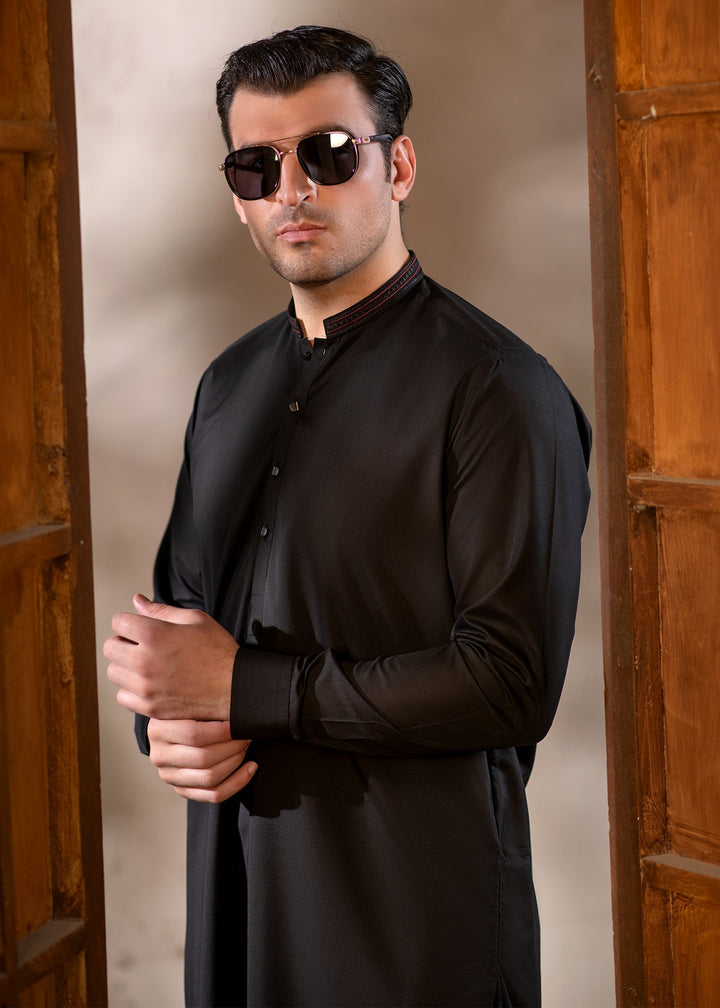 Rumi by Buraq Mens RTW Embroidered Boski 2 Piece Suit Jet Black Casual Collection