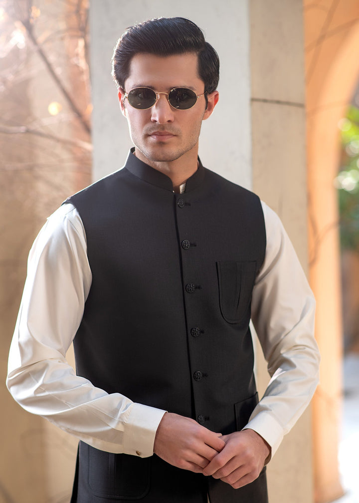 Raahi by Buraq Mens RTW Solids Suiting 1 Piece Suit Premium Black Mandarin style Waistcoat Casual Collection