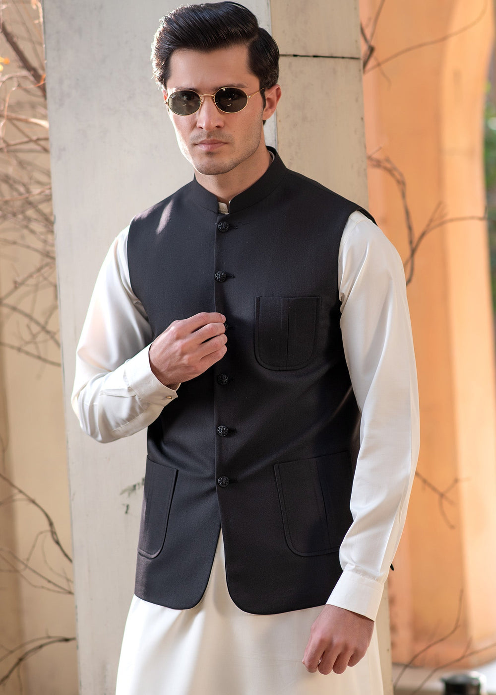 Raahi by Buraq Mens RTW Solids Suiting 1 Piece Suit Premium Black Mandarin style Waistcoat Casual Collection