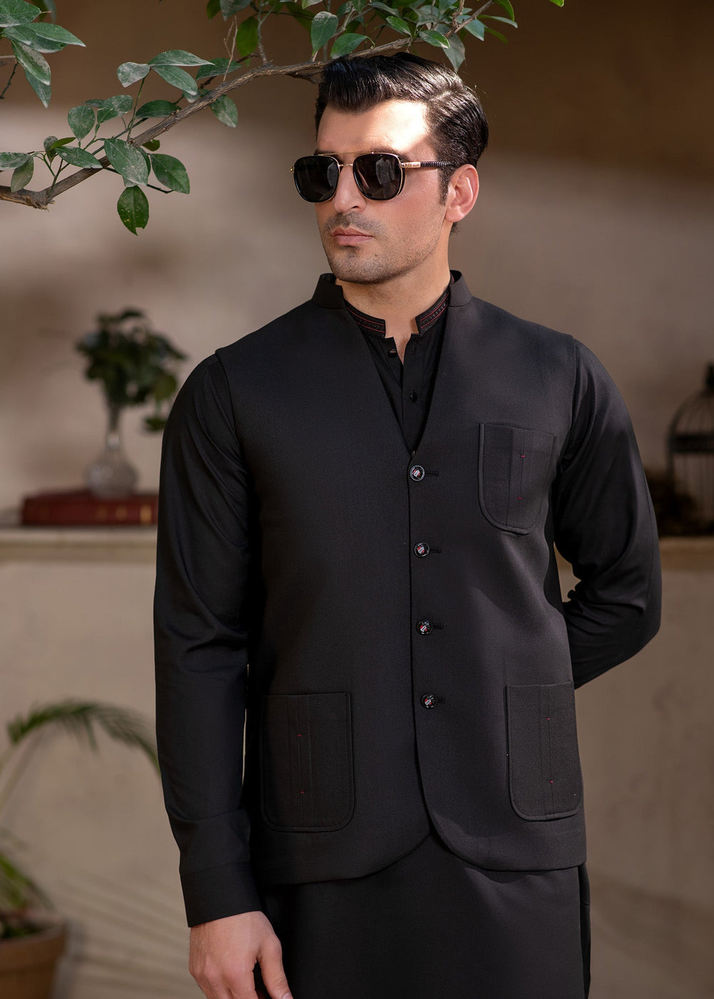 Raahi by Buraq Mens RTW Solids Suiting 1 Piece Suit Premium Black Waistcoat Casual Collection