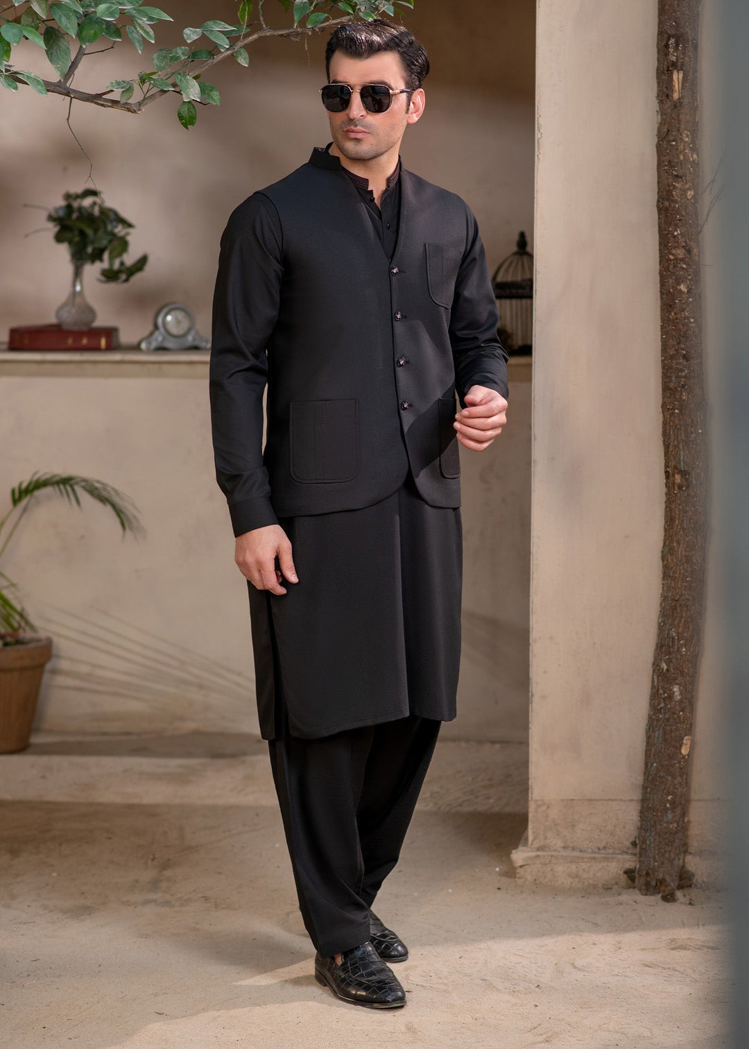 Raahi by Buraq Mens RTW Solids Suiting 1 Piece Suit Premium Black Waistcoat Casual Collection