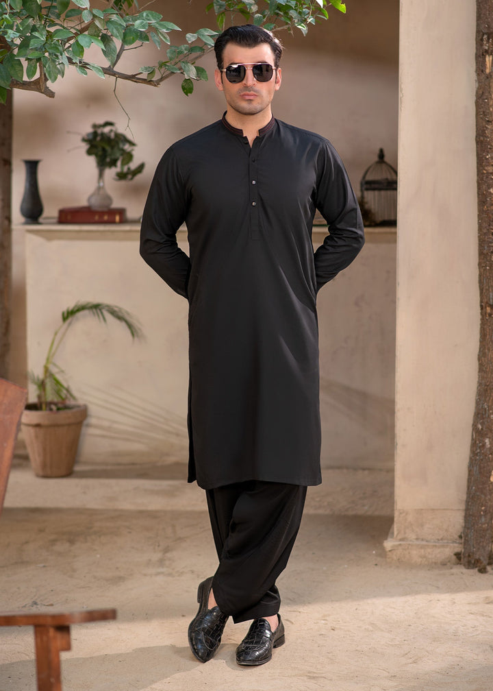 Rumi by Buraq Mens RTW Embroidered Boski 2 Piece Suit Jet Black Casual Collection