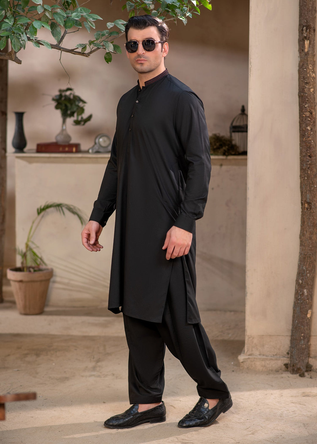 Rumi by Buraq Mens RTW Embroidered Boski 2 Piece Suit Jet Black Casual Collection