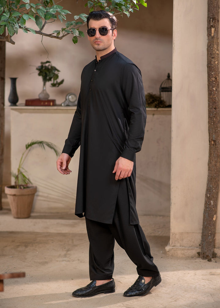 Rumi by Buraq Mens RTW Embroidered Boski 2 Piece Suit Jet Black Casual Collection