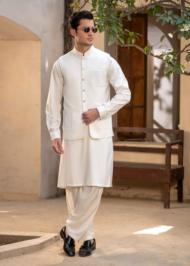 Raahi by Buraq Mens RTW Solids Suiting 1 Piece Suit Premium Classic Off-White Waistcoat Casual Collection