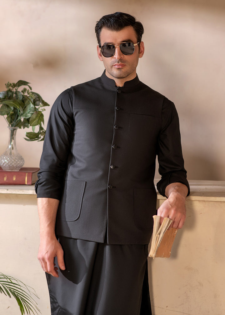 Raahi by Buraq Mens RTW Solids Suiting 1 Piece Suit Premium Black Classic Waistcoat Casual Collection