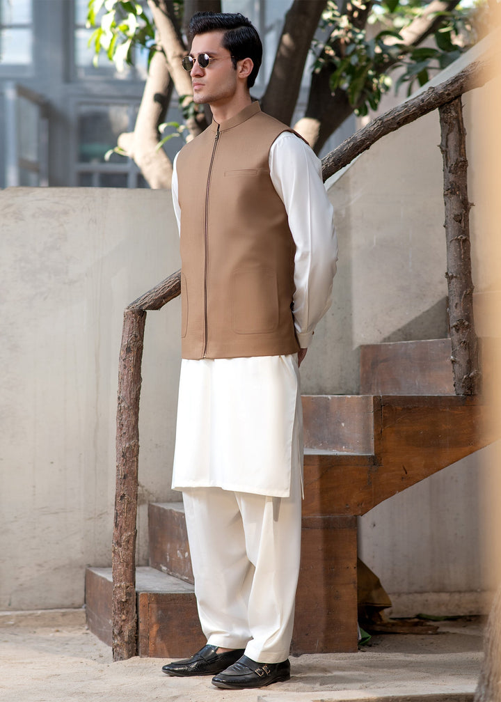 Raahi by Buraq Mens RTW Solids Suiting 1 Piece Suit Camel Brown Waistcoat Casual Collection