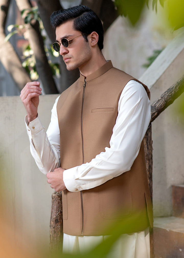 Raahi by Buraq Mens RTW Solids Suiting 1 Piece Suit Camel Brown Waistcoat Casual Collection