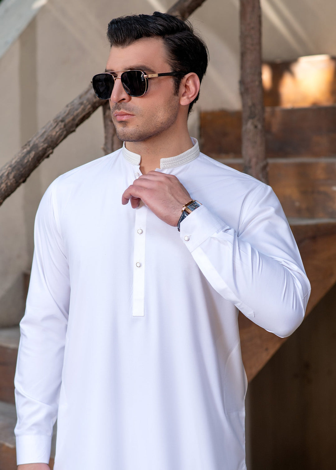 Rumi by Buraq Mens RTW Embroidered Boski 2 Piece Suit Classic White Casual Collection