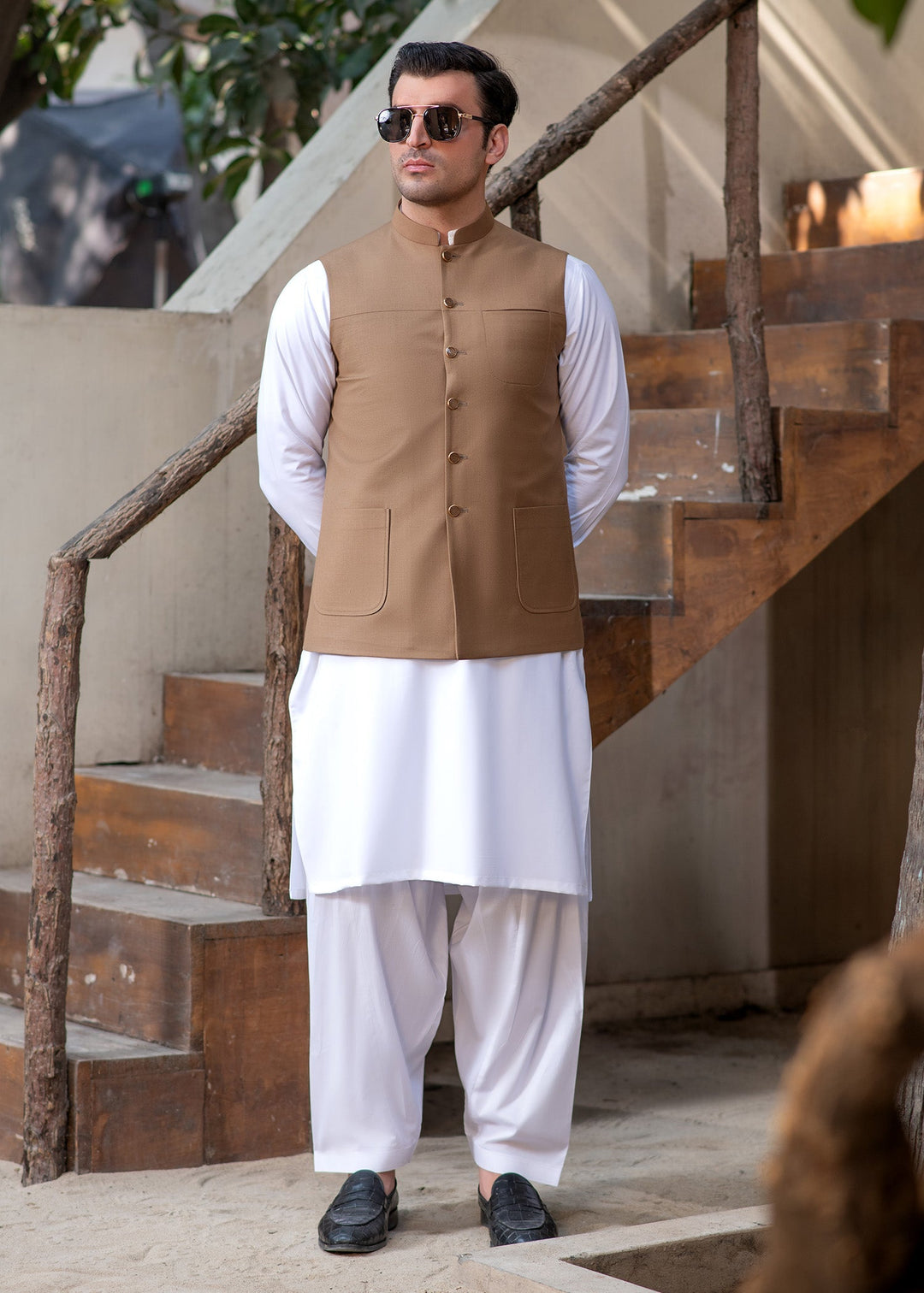 Raahi by Buraq Mens RTW Solids Suiting 1 Piece Suit Premium Light Brown Waistcoat Casual Collection