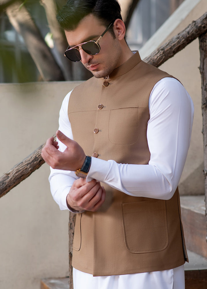 Raahi by Buraq Mens RTW Solids Suiting 1 Piece Suit Premium Light Brown Waistcoat Casual Collection