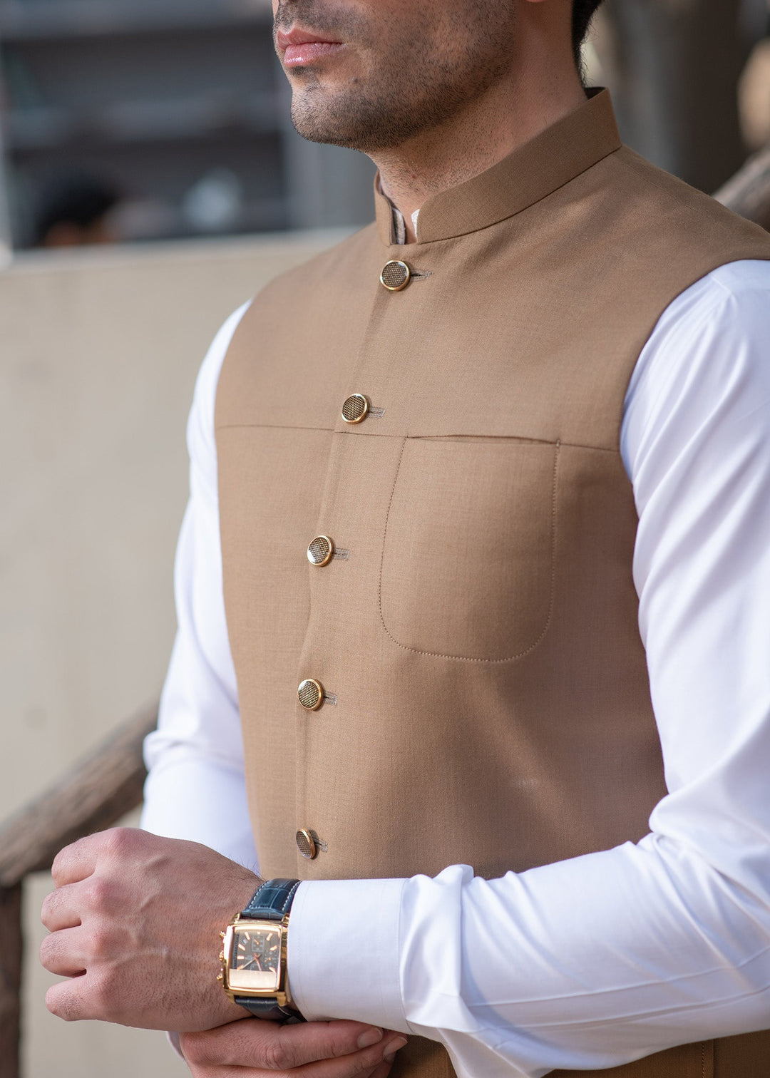 Raahi by Buraq Mens RTW Solids Suiting 1 Piece Suit Premium Light Brown Waistcoat Casual Collection